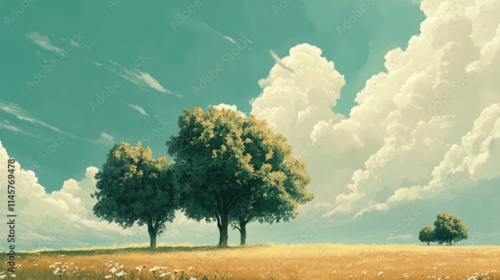 Poster trees under a vast sky with soft clouds conveying a sense of solitude and melancholy in a serene lan