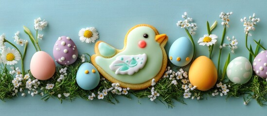 Easter greeting card design with iced bird-shaped cookie decorative eggs and spring flowers on a pastel background celebrating the holiday