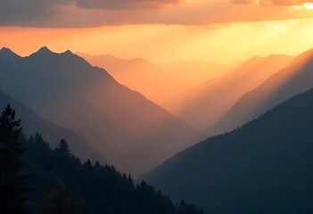 Fototapeta premium Mountain Range at Sunset: Light Rays in Valley