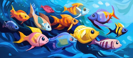 Vibrant underwater scene featuring a colorful cluster of fish swimming in a deep blue ocean showcasing marine life diversity.