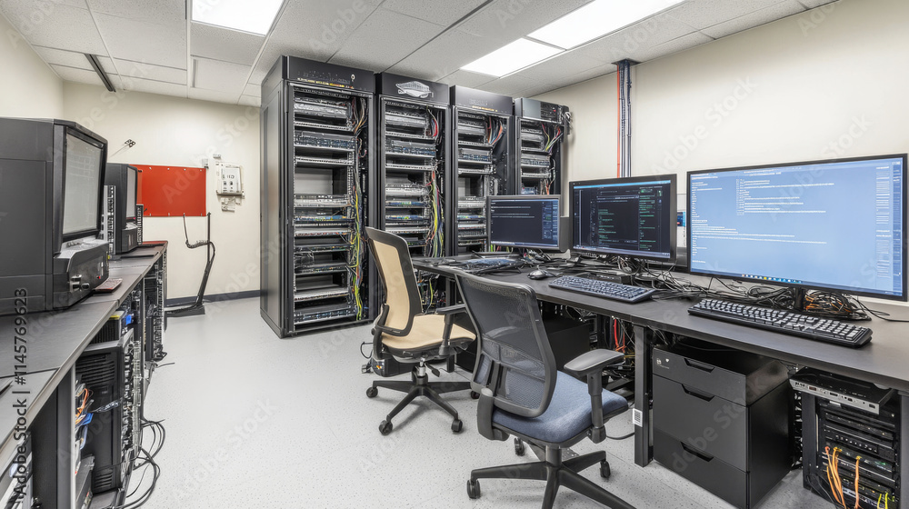 Aufkleber data center room with server racks, computer monitors on desk and chair. vector cartoon interior of 
