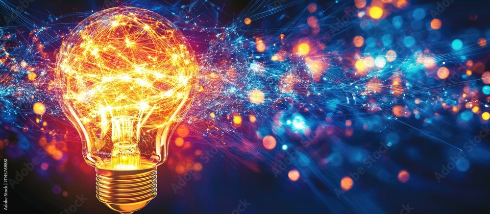 Poster light bulb representing innovation in digital marketing and networking with vibrant colors and techn