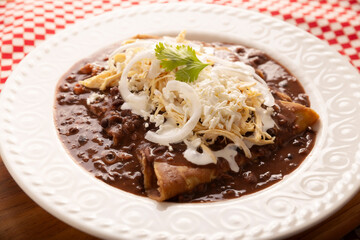 Enfrijoladas. Corn tortillas dipped in bean sauce, covered with cream and cheese, they can be covered or filled with chicken meat, cheese or some other ingredient. Traditional Mexican dish.