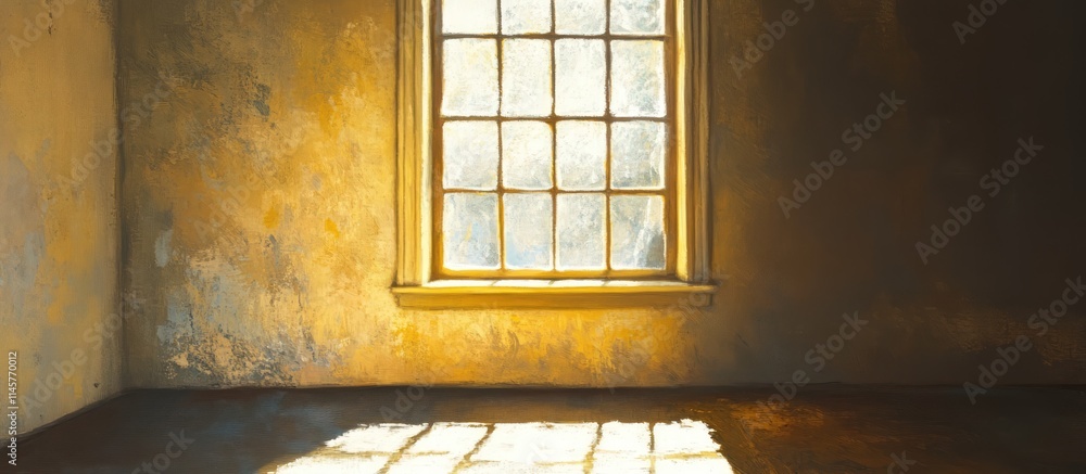 Poster natural light streaming through a vintage window illuminating a rustic room with warm tones and soft