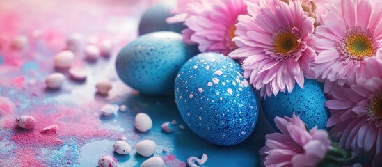 Obraz premium Blue Easter eggs surrounded by pink flowers on a vibrant backdrop creating a festive and colorful spring arrangement for celebrations.