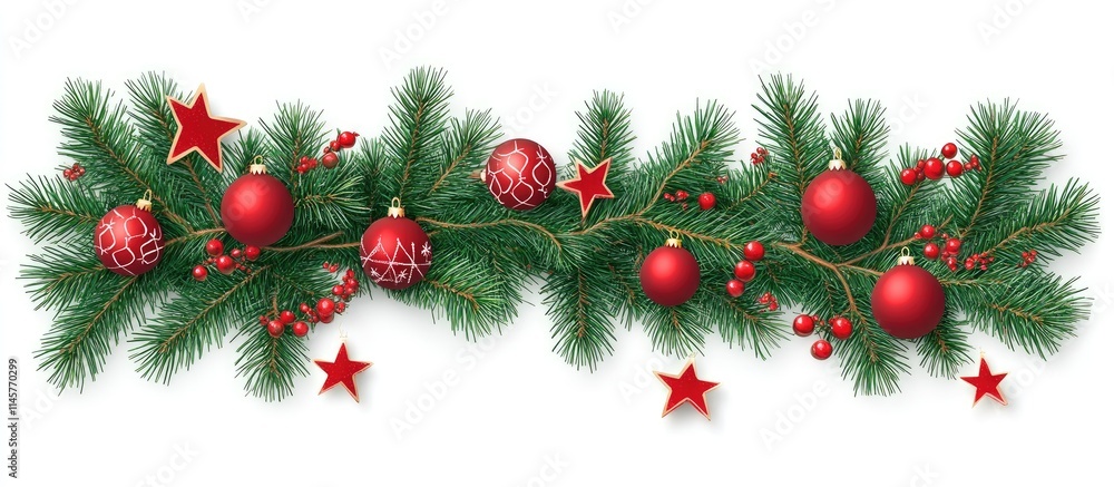 Aufkleber christmas tree branches adorned with red ornaments and stars creating a festive border for customiza