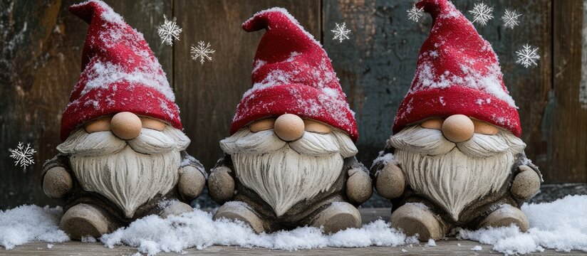 Three decorative snow-covered gnomes in red hats with a wooden background and falling snowflakes for winter holiday themes.