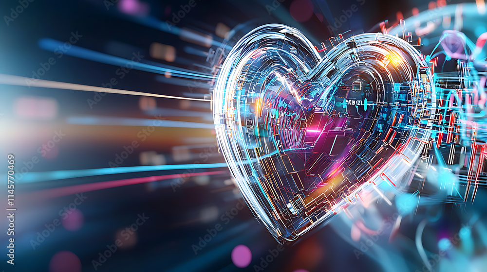 Poster dynamic heart animation digital realm abstract art futuristic environment close-up view emotion and 