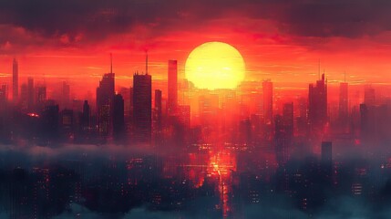 Illustration painting of a sunset, futuristic art or retro visual wallpaper for evening. Buildings architecture or orange detail for urban outdoor and bold neon location or midnight.