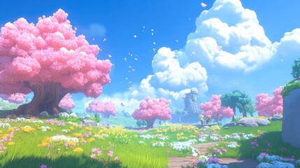 Springtime landscape with blooming cherry blossoms and fluffy clouds under a bright blue sky in a serene and colorful natural setting
