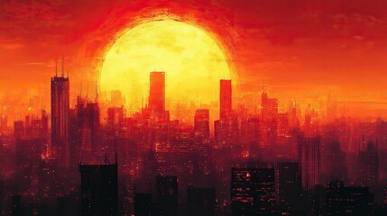 Illustration painting of a sunset, futuristic art or retro visual wallpaper for evening. Buildings architecture or orange detail for urban outdoor and bold neon location or midnight.