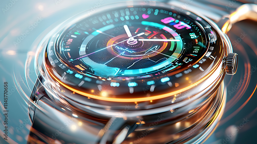 Poster futuristic smartwatch display digital technology showcase high-tech environment close-up viewpoint m