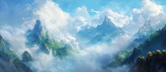 Naklejka premium Majestic mountains enveloped in clouds under a bright blue sky with lush greenery and dramatic peaks creating a serene landscape.