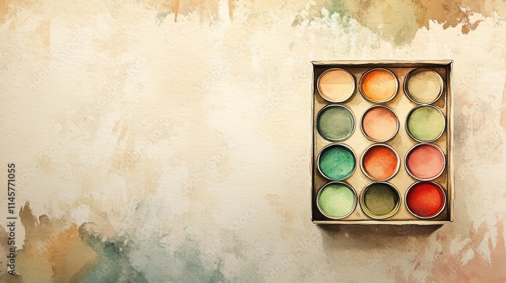 Poster watercolor paint box on textured paper with soft colors creating space for text and artistic designs