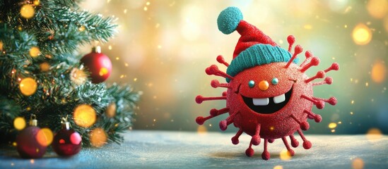 Cheerful virus character with festive hat beside a Christmas tree indicating a playful holiday spirit and seasonal celebration theme