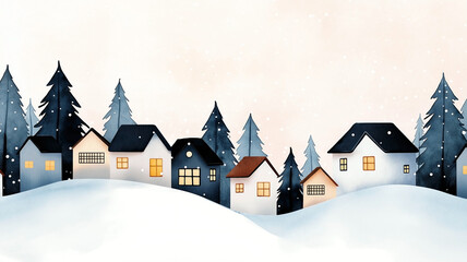 Fototapeta premium A charming winter village scene, series of quaint houses nestled on gently sloping snowy hills. The houses are adorned with colorful roofs and warm glowing windows, surrounded by tall, pine tree