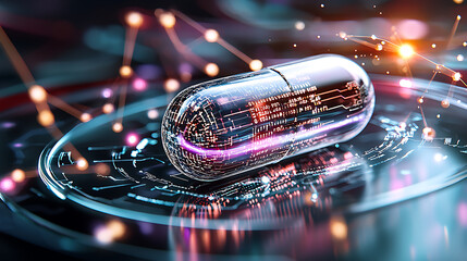 Innovative pharmaceutical technology laboratory digital art futuristic environment close-up view health concept