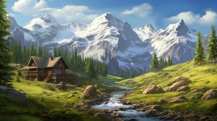Cozy mountain cabin nestled in serene landscape with majestic snowy peaks and flowing stream under a bright blue sky