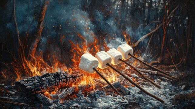 Toasted marshmallows over a roaring campfire on sticks in a forest setting with glowing embers and smoky atmosphere