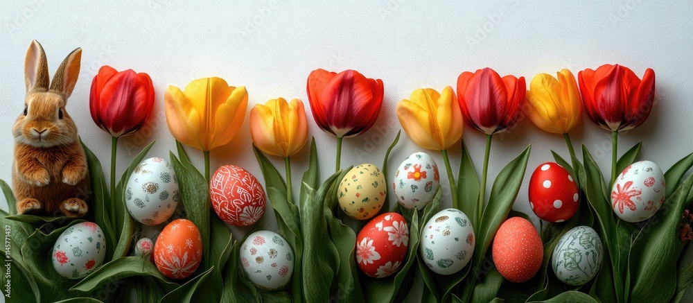Poster colorful tulips and decorated easter eggs with a bunny on a white background creating a festive spri