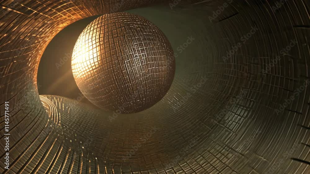 Poster enigmatic tunnel with reflective spheres creating a surreal atmosphere at twilight