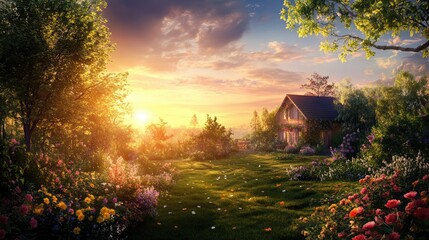 Summer sunset over a blooming garden with a cozy cottage surrounded by vibrant flowers and lush greenery in nature's serene embrace.