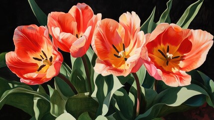 Vibrant red and orange tulips blooming against a dark background showcasing horticultural beauty and elegance in floral arrangements.