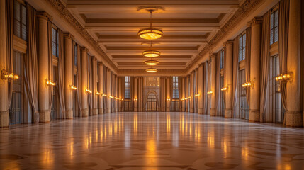 Castle ballroom, night empty palace hall interior with glowing lamps, floor-to-ceiling window and curtains. Room with marble pillars and tiled floor, antique architecture. Cartoon vector Illustration