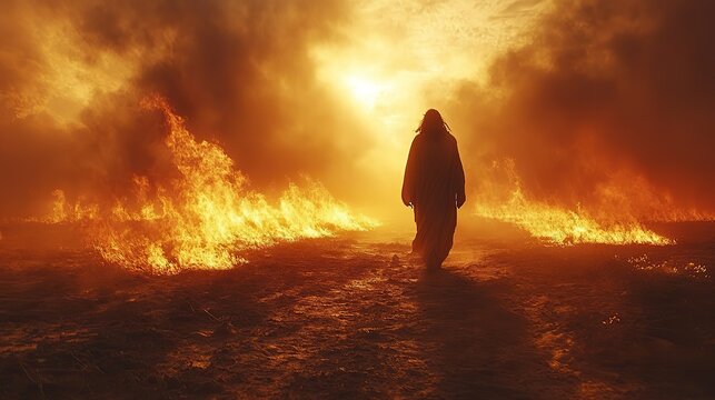Jesus walking in the desert with fire represents faith, holy spirit, and prayer.