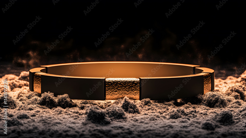 Poster a golden bracelet rests on textured sand, illuminated from below, creating a dramatic contrast again