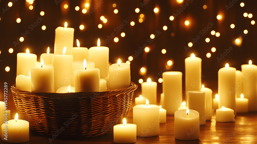 Poster a cozy arrangement of white candles in a basket, surrounded by softly glowing lights, creating a war
