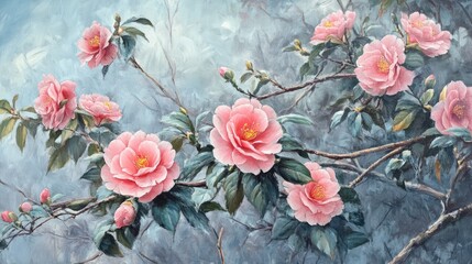 Delicate pink camellias blooming in a winter park setting with soft blue tones in the background showcasing nature's beauty and resilience.