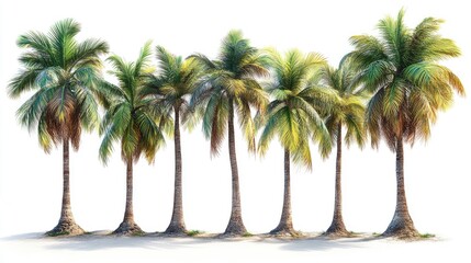 Obraz premium Coconut palm trees in a row showcasing lush green foliage against a white background ideal for summer themed designs and tropical landscapes
