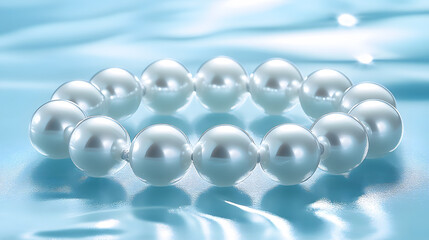 A delicate pearl bracelet elegantly displayed on a serene blue surface, capturing the essence of luxury and timeless beauty