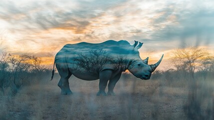 Obraz premium Double exposure of rhino at sunset in African savanna.