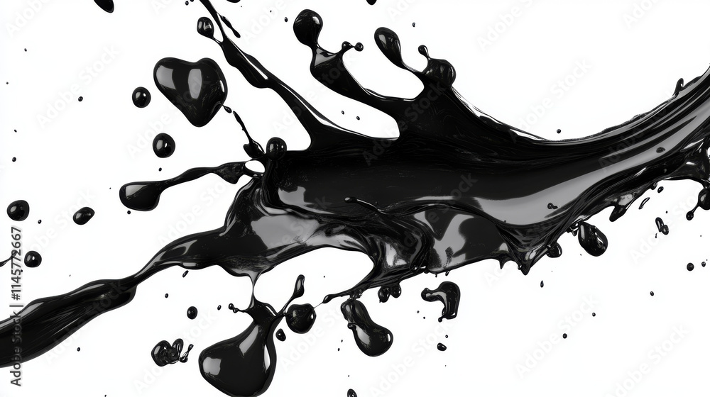 Poster black liquid splashes, swirl and waves with scatter drops. paint, oil or ink splashing dynamic motio