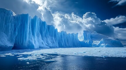 Fototapeta premium Dramatic blue icebergs and glacier wall under a cloudy sky.