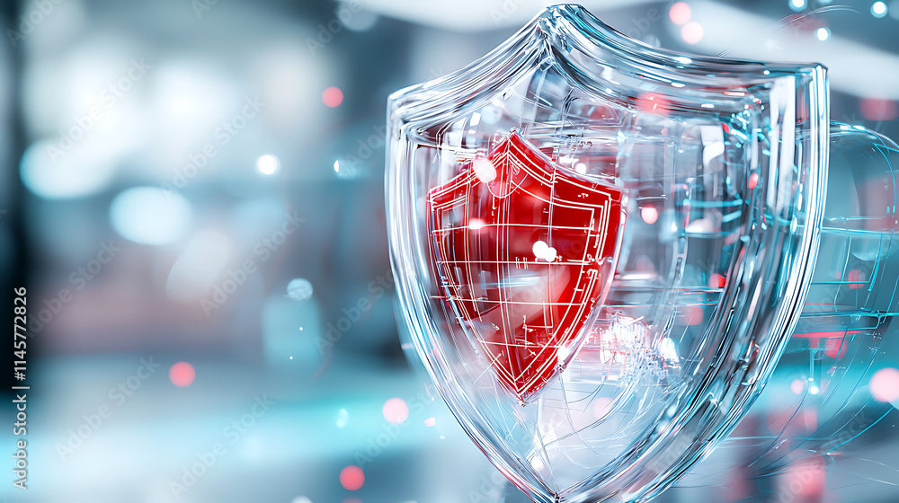 Poster cybersecurity action shield technology digital realm graphic design virtual environment abstract vie