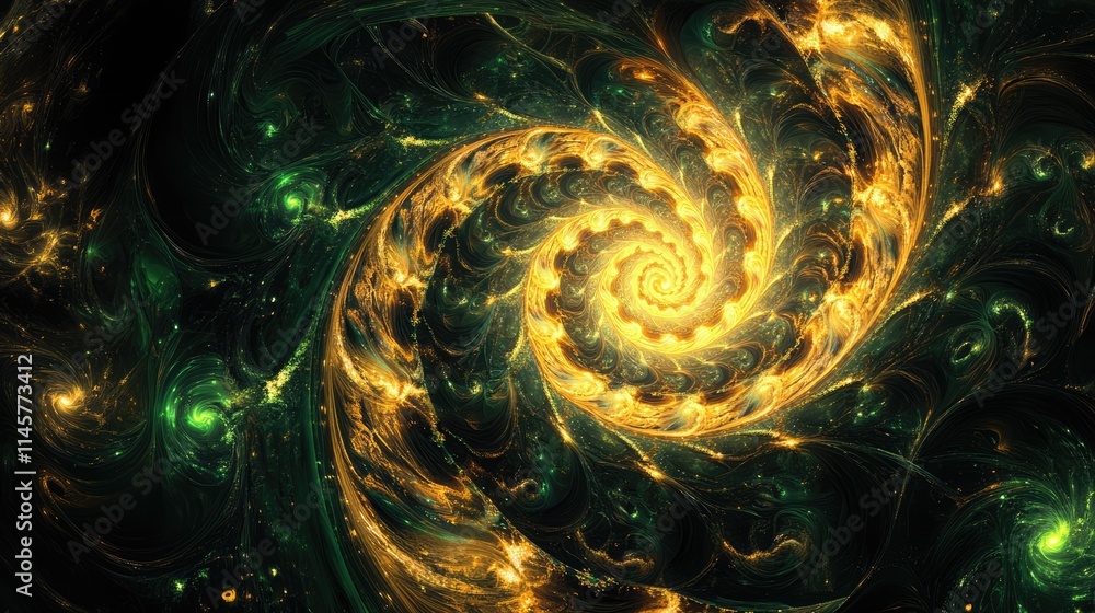 Poster golden swirling abstract spiral with intricate patterns and luminous effects on a dark background sh