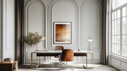 Serene Workspace: Modern Office Interior with Natural Light and Tranquil Artwork