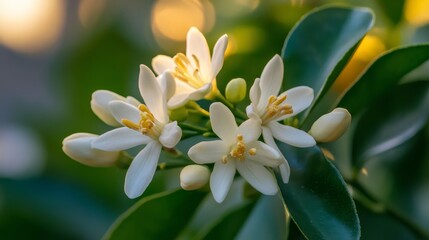 Fototapeta premium White citrus tree bloom with orange tree flowers closeup isolated on white. Also known as Neroli blossoms.