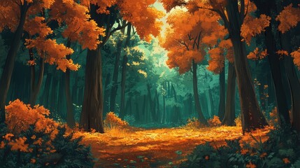 Autumn forest landscape with vibrant orange foliage and dappled sunlight illuminating a tranquil path through the trees.