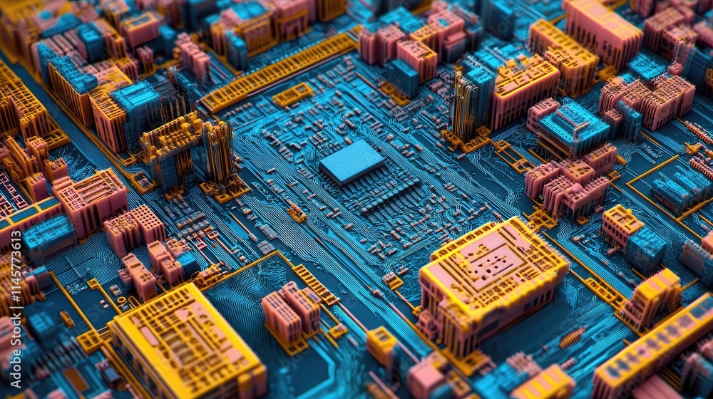 Poster a magnified image of a microchip's internal circuitry, with tightly packed transistors and conductiv