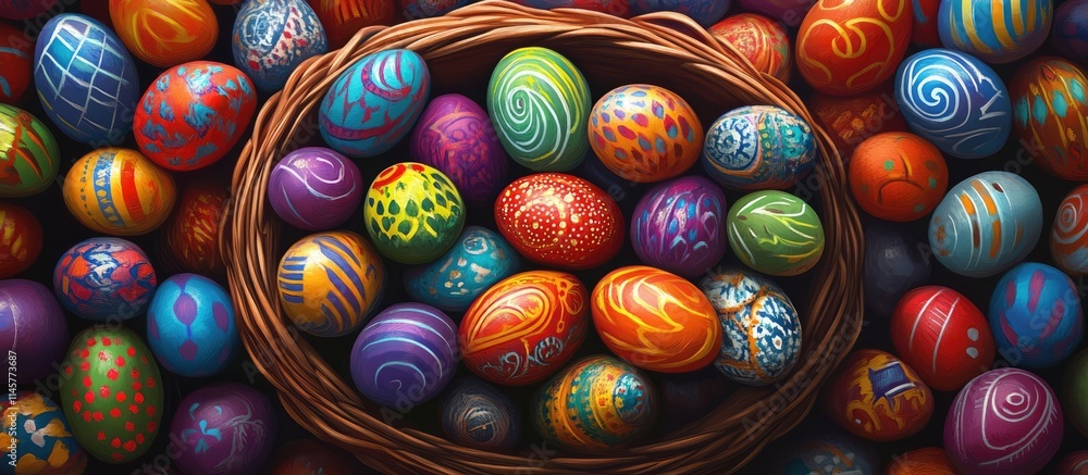 Poster vibrant easter egg basket displaying hand-painted eggs in various colors and patterns on a tabletop 