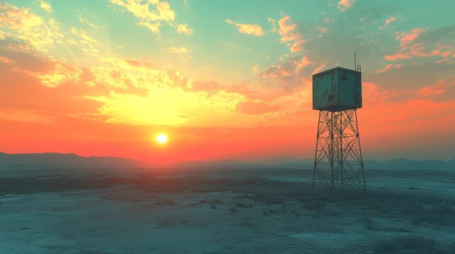 A signal tower in a desert landscape, with a vibrant sunset casting long shadows on the ground. Photorealistic  - Powered by Adobe