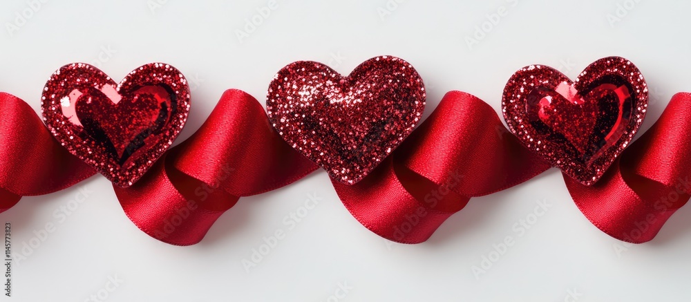 Poster red satin ribbon with curly edges adorned with three sparkling glitter hearts on a white background 