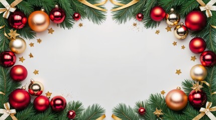 Festive Christmas Background With Red and Gold Ornaments and Greenery