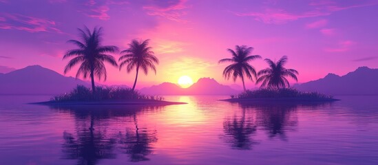 Fototapeta premium Vibrant purple sunrise on a tropical island with palm trees reflecting in calm waters creating a serene nature landscape backdrop
