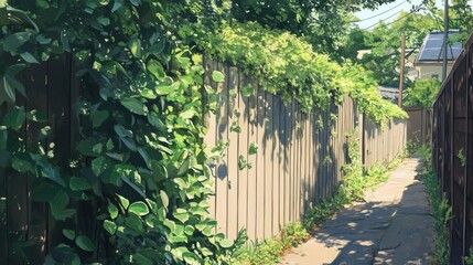 Fototapeta premium Lush green pathway alongside a wooden fence with solar panels visible in the background, showcasing sustainable energy in an urban setting.