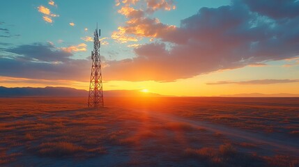 Obraz premium A signal tower in a desert landscape, with a vibrant sunset casting long shadows on the ground. Photorealistic 